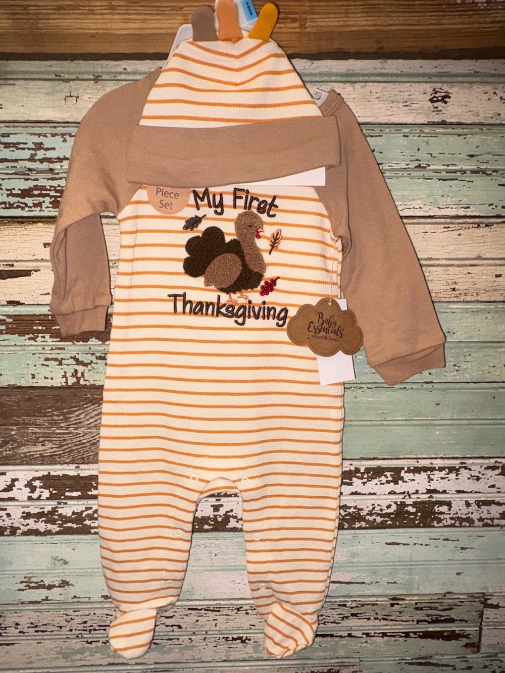 NEW Baby Essentials’My First Thanksgiving’ Striped Romper with Hat Brown & Cream